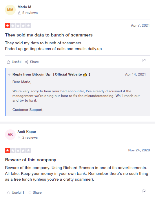 Negative user reviews for Bitcoin Up on Trustpilot