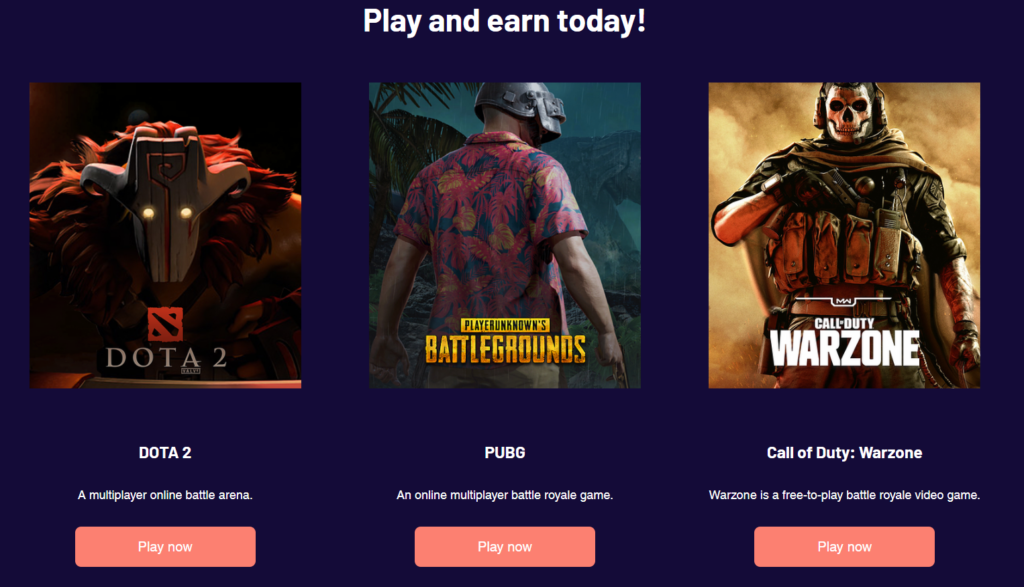The game selection on the Dawn Protocol site: Dota 2, Player Unknown’s Battleground, Call of Duty: Warzone.