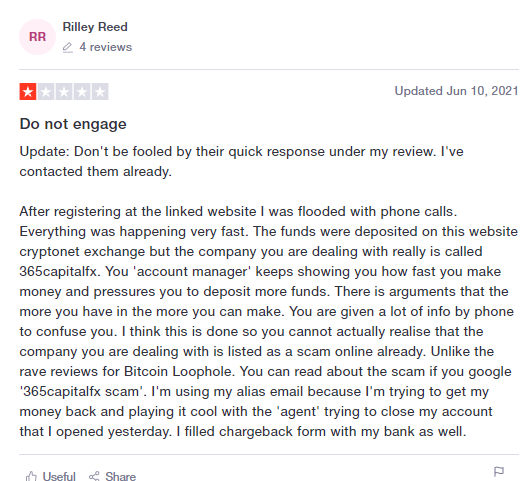 User reviews for Bitcoin Loophole on the Trustpilot website.