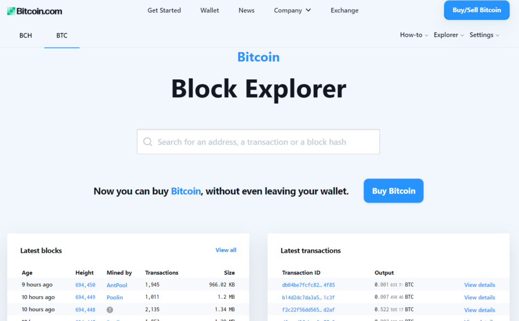 Bitcoin Block Explorer at Bitcoin.com website