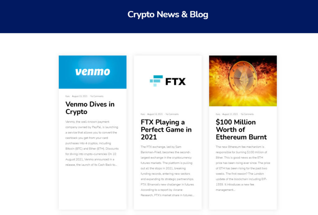 News and blog section of the Crypto Rand Group website.