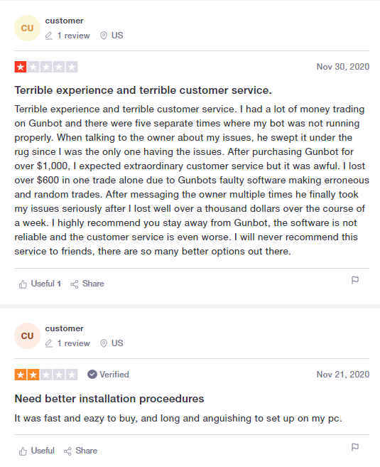User reviews for Gunbot criticizing the customer service.
