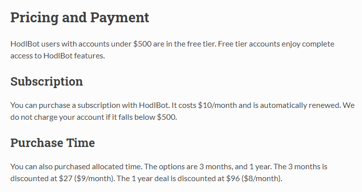 Pricing plan for HodlBot.