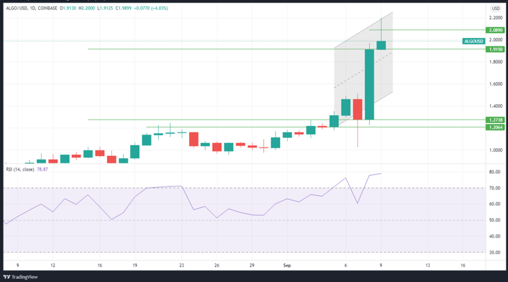 The ALGOUSD daily price action with the RSI 