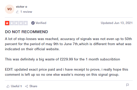 User review for Signals Blue of Trustpilot.
