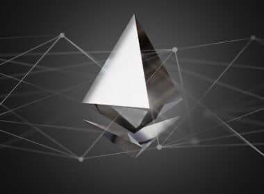 View of a Ethereum crypto currency sign flying around a network connection - 3d render