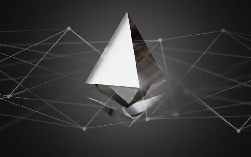 View of a Ethereum crypto currency sign flying around a network connection - 3d render