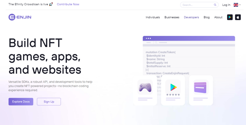 The Enjin subscription for developers, offering to explore the documentation and sign up  