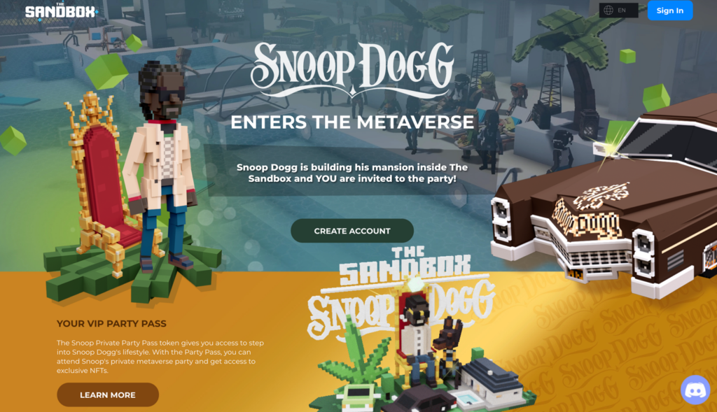 Homepage of Snoop Dogg’s project on The Sandbox