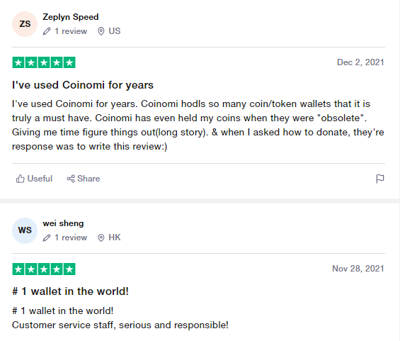 User reviews for Coinomi Crypto Wallet.