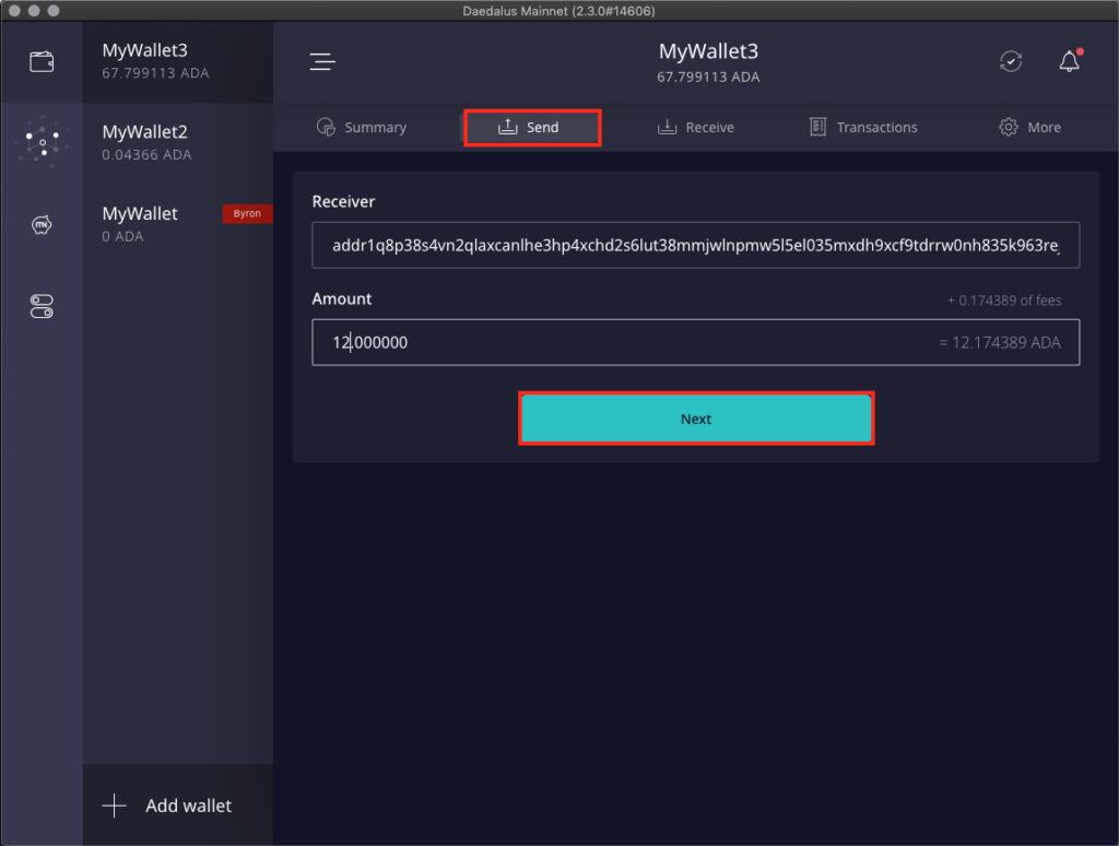 Interface of Daedalus Wallet