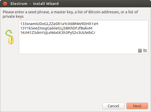 Example of wallet generation seed for Electrum.
