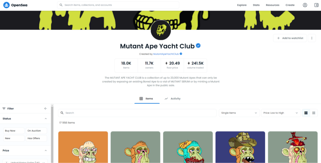Mutant Ape Yacht Club on the OpenSea platform