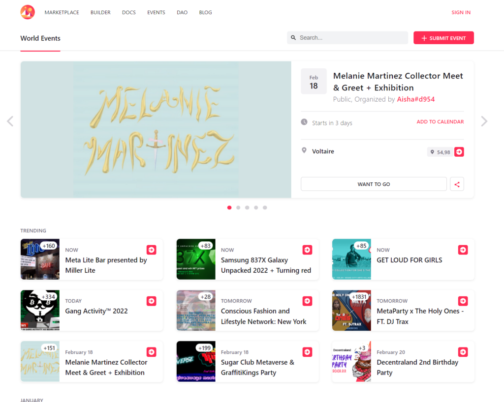 The Decentraland Events page, showing the events planned for the end of February 2022