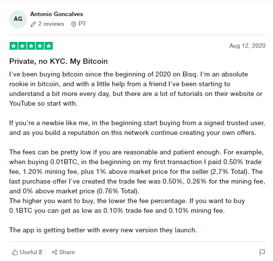 User review for Bisq on Trustpilot.