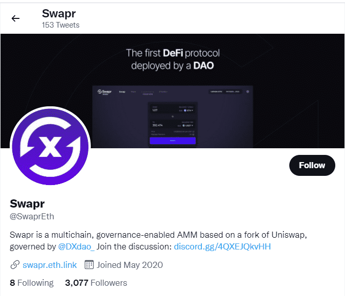 Swapr’s Twitter profile