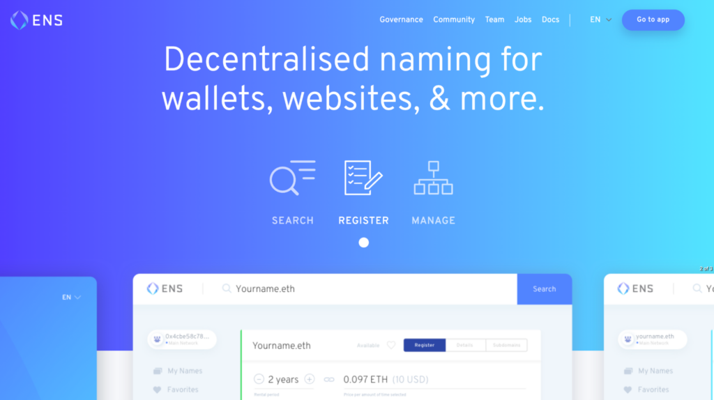 Ethereum Name Service’s homepage