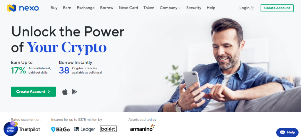 The Nexo landing page.