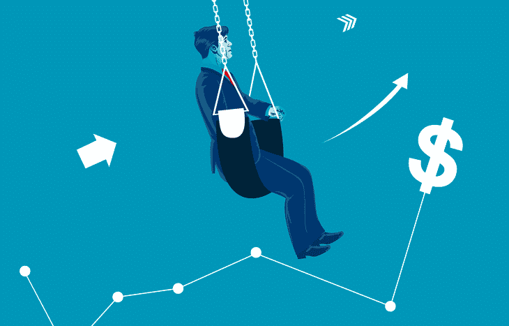 An animated image of a man on a swing heading towards a dollar sign